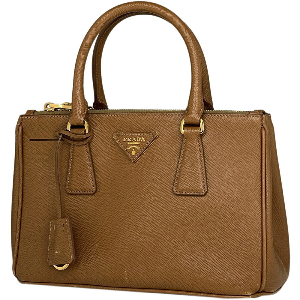 Prada Logo Plate Handbag Shoulder Bag Leather Camel Tan